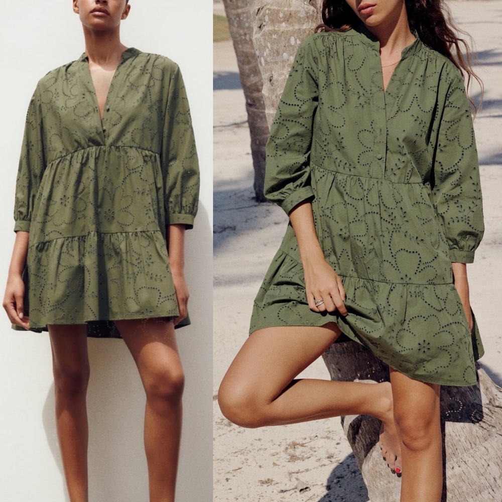 Zara Womens Eyelet Tiered Mini Dress M Olive Green Long Sleeve Boho